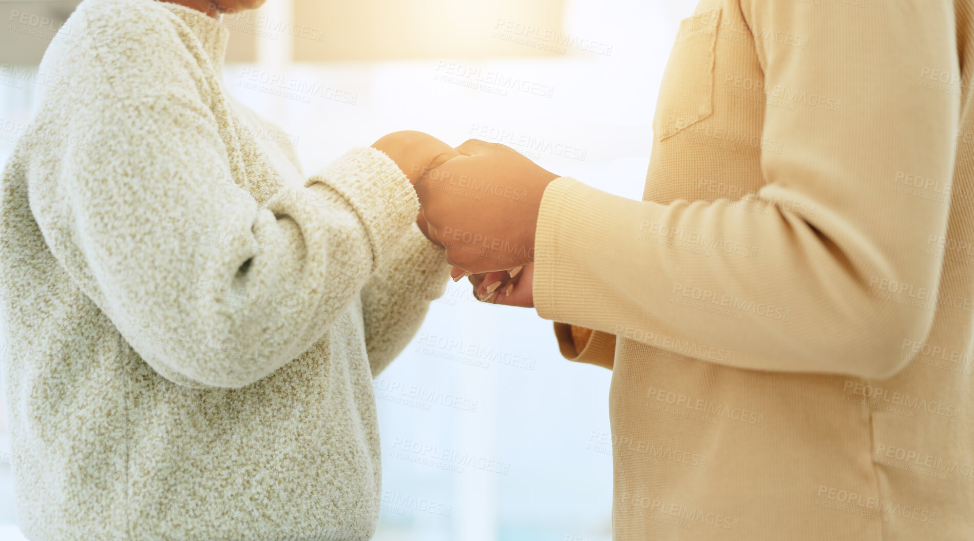 Buy stock photo Worship, praying or couple holding hands together in a Christian home with hope and trust. Jesus Christ, man or woman with peace in prayer to God for spiritual bond, belief or faith in closeup