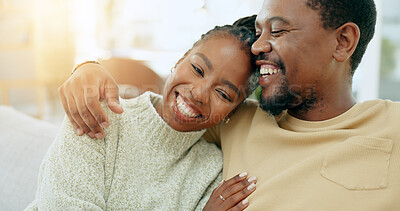 Buy stock photo Love, relax or happy  black couple hug on home living room sofa together with peace, support or trust. Wellness, commitment or romantic man with an African woman with bond, joy or smile in marriage 