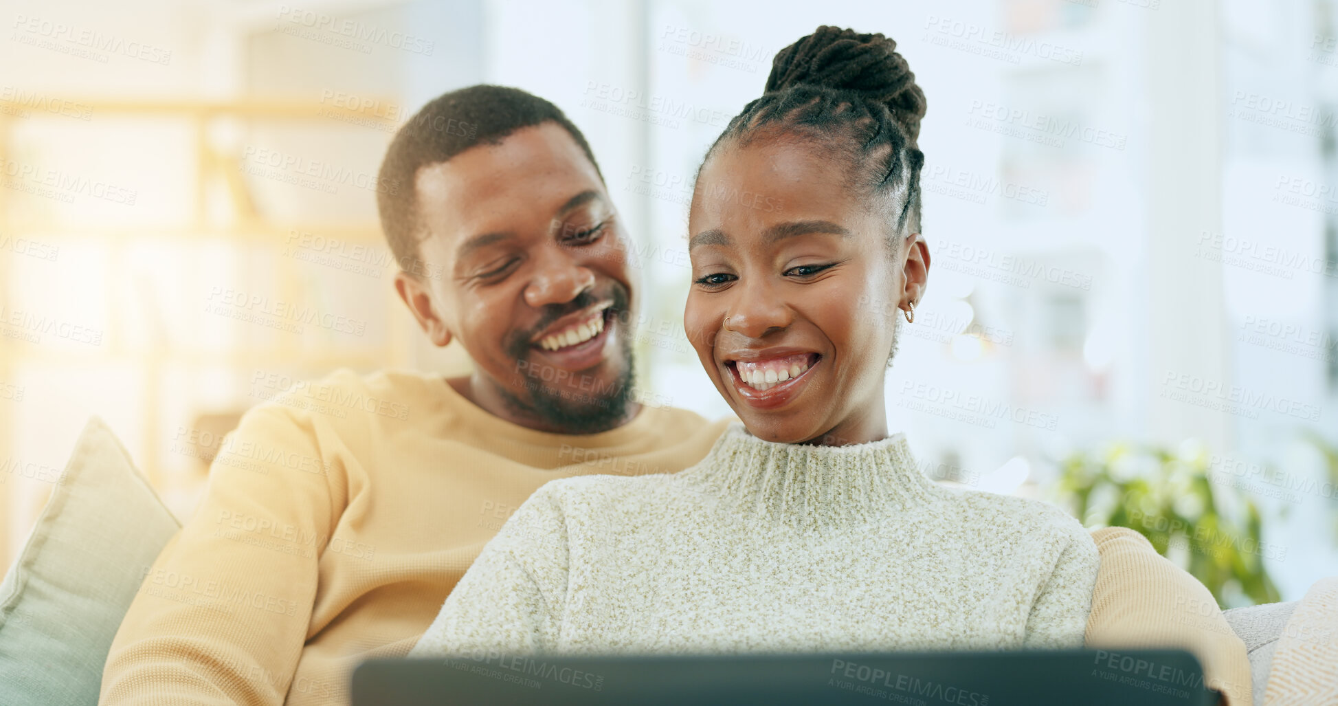 Buy stock photo Laptop, happy or black couple planning savings, property investment or online shopping together. Ecommerce webasite, smile or African people typing to search for investing news on pc on sofa at home