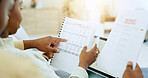 Black couple, hands and laptop with documents for mortgage, expenses or schedule payments at home. Hand of African American man and woman reading bills, paperwork or finance on living room sofa