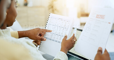 Buy stock photo Black couple, hands and laptop with documents for mortgage, expenses or schedule payments at home. Hand of African American man and woman reading bills, paperwork or finance on living room sofa