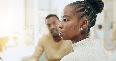 Buy stock photo Stress, argument and marriage, black couple on sofa in home sad after discussion or fight. Mental health, relationship and divorce, woman and man frustrated, angry partner on couch in living room