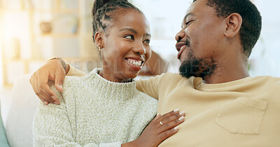 Buy stock photo Care, relax or happy black couple hug on home living room sofa together with love, support or trust. Wellness, commitment or romantic man with an African woman with bond, joy or smile in marriage