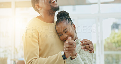 Buy stock photo Black couple, dance and hug in home together with love, care and bonding with music. Man, woman and dancing to relax with support, rhythm and romance with trust, connection and happy partnership