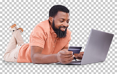 Credit card, black man and smile on laptop in studio for online shopping, digital payment or money investment. Male model, ecommerce and computer sales for finance, fintech budget or internet banking