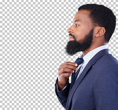 Mockup, profile and African businessman in studio space with business mindset isolated on white background. Success, pride and confident black man in suit with office job, leader in corporate Africa.
