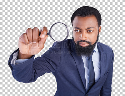 Business black man, magnifying glass and studio with focus for quality inspection, compliance and stop fraud. Businessman, inspector and auditor at company with attention for financial health at job