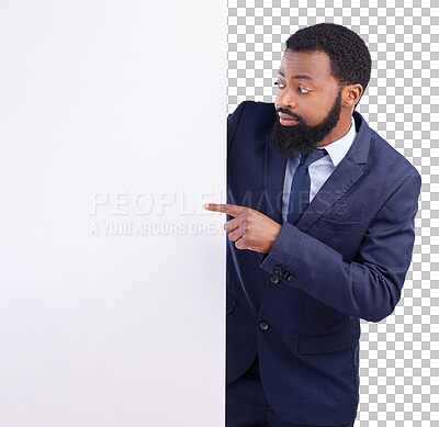 Business, black man and pointing to board in white background, studio or mockup information space. Corporate worker, model and advertising poster, marketing news sign or brand on blank mock up banner