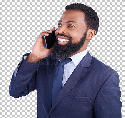Corporate black man, phone call and smile in studio for business conversation, hello and chat. Happy executive, male model and cellphone communication for mobile networking, contact and talk feedback