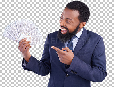 Wow, money and investment with a business black man in studio on a gray background as a lottery winner. Cash, accounting and finance with a male employee pointing to dollar bills for the economy