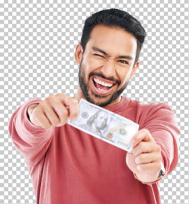 Money, cash and portrait of man wink on white background for investment, financial savings and payment. Finance profit, winner and excited male for winning, bonus and stock market success in studio