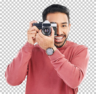 Happy, photo and portrait of an Asian man with a camera isolated on a white background in a studio. Smile, work and a Japanese journalist or photographer taking pictures for the media or paparazzi