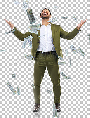 Money confetti, cash and business man on studio background for investment, bonus and stock market. Finance success, winner mockup and excited male with bills for winning, profit and wealth savings