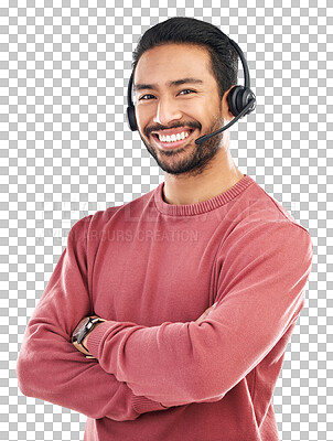 Confident customer service, face portrait or happy man telemarketing on contact us CRM or consulting telecom. Callcenter communication, arms crossed and male studio agent isolated on white background