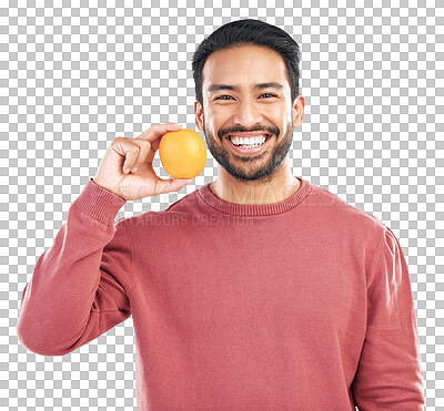 Orange fruit, happy man and portrait in studio, white background and wellness of healthy food. Smile, male model and vitamin c citrus for nutrition, organic juice and detox diet of raw ingredients
