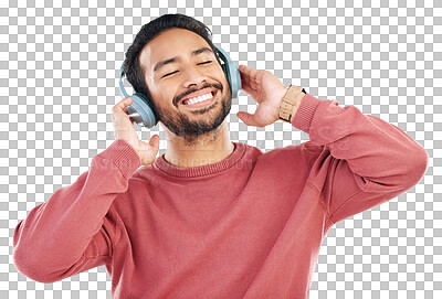 Headphones, moving and man doing a dance in studio to music, playlist or album for entertainment. Happiness, smile and Indian male model dancing to the radio or streaming a song by a white background