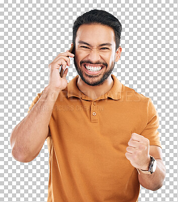 Phone call communication, portrait and happy man celebrate achievement, success news or studio winning. Excited, winner or male celebration fist pump, announcement or notification on white background
