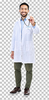 Doctor, man and listen with stethoscope, smile in portrait and cardiovascular health isolated on studio background. Medical professional, happy male physician with healthcare, cardiology and surgeon