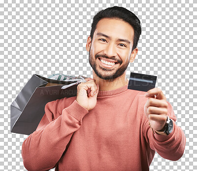 Happy asian man, shopping bag and credit card for banking isolated on a transparent PNG background. Portrait of male person or shopper with smile for luxury gifts, purchase or payment and buying bags