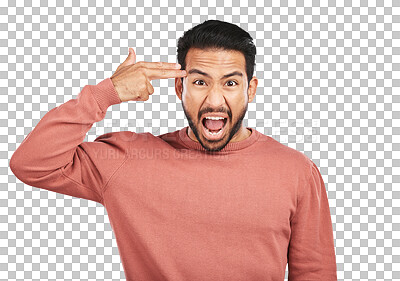 Stress, shouting and portrait of asian man with hand gun angry on isolated, transparent and png background. Anxiety, fear and face of screaming male with depression, suicide and mental health crisis