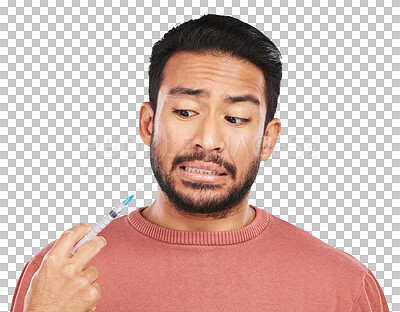 Scared, medicine and man with syringe on isolated, png and transparent background for wellness. Healthcare, anxiety and worried male person with needle for vaccine, treatment and medication injection