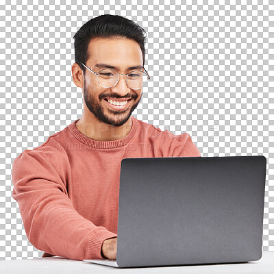 Man, laptop and smile with business work and typing email isolated on a transparent, png background. Computer, working and pc research with web project and digital data analysis with internet