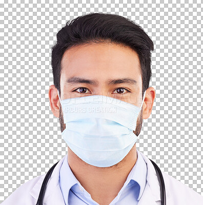 Covid, doctor and portrait of man in studio with protection, safety or corona compliance on white background. Face, mask and male healthcare worker at hospital for treatment and disease prevention