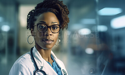 Buy stock photo Black woman, doctor and face in hospital with trust, confidence and serious in medical clinic for professional about us. African gp portrait, ai generated and healthcare worker working late at night