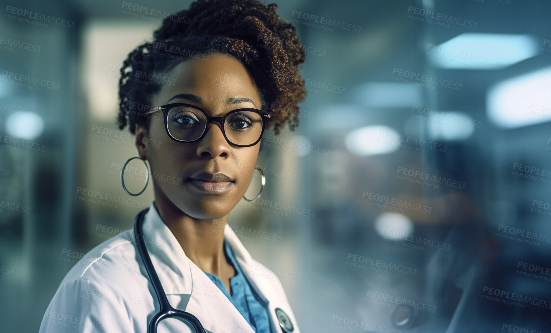 Buy stock photo Black woman, doctor and face in hospital with trust, confidence and serious in medical clinic for professional about us. African gp portrait, ai generated and healthcare worker working late at night