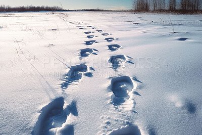 Buy stock photo Nature, winter and travel with footsteps in snow for explore, environment and landscape. Ai generated, trekking and adventure with footprint tracks following in ground for walking, texture and steps