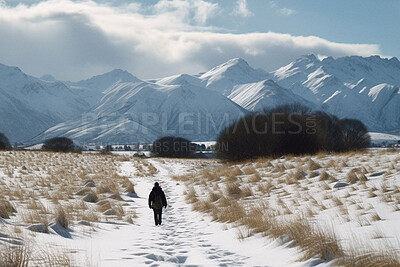 Buy stock photo Snow, hiking and landscape with person in mountains for explore, environment and travel. Ai generated, trekking and adventure with hiker walking in nature for tourism, destination or winter vacation