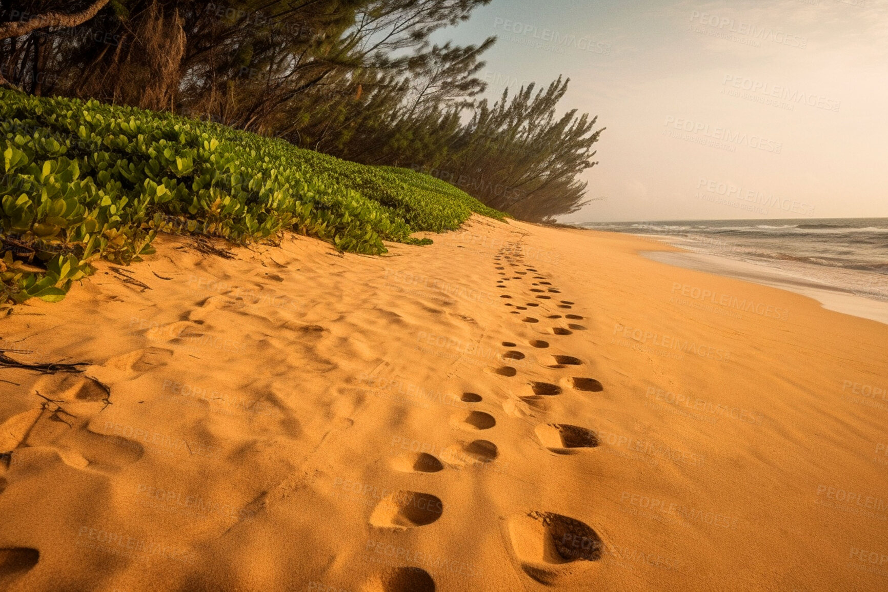 Buy stock photo Summer, nature and footprints in sand of beach for explore, tropical and adventure. Ai generated, landscape and travel with footsteps following on coastline for seaside holiday, freedom and tourism