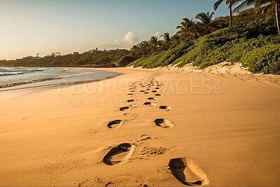 Summer, explore and footprints in sand of beach for nature, tropical and adventure. Ai generated, landscape and travel with footsteps following on coastline for seaside holiday, freedom and tourism