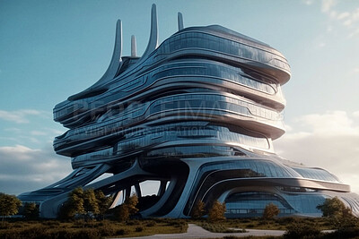 Sci fi, architecture and design with building in city for construction, development and innovation. Futuristic, creative and ai generated with glass structure for future, science and industry