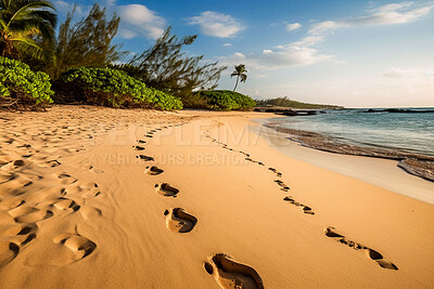 Summer, freedom and footprints in sand of beach for nature, explore and adventure. Ai generated, landscape and travel with footsteps following on coastline for seaside holiday, tropical and tourism