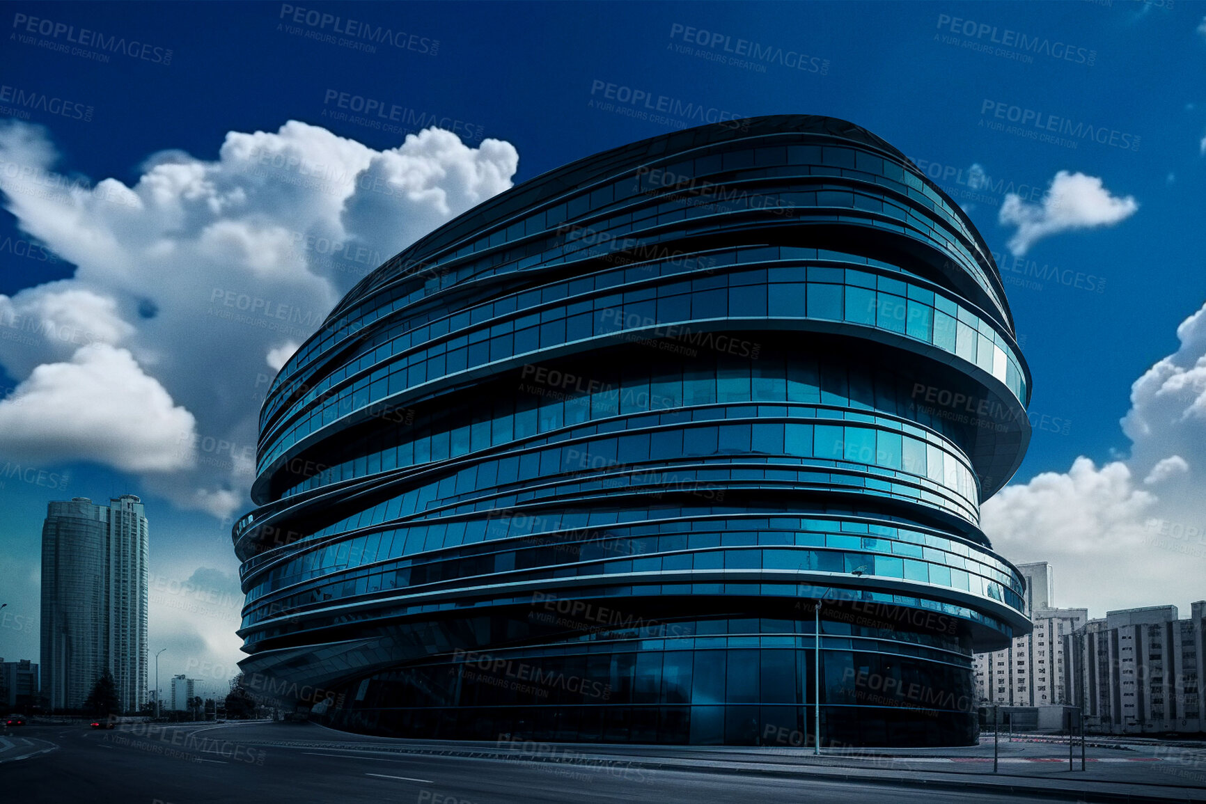 Buy stock photo Futuristic, architecture and construction with building in city for design, development and innovation. Sci fi, creative and ai generated with glass structure for future, science and industry