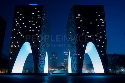 Buy stock photo Futuristic, architecture and night with building in city for design, development and innovation. Construction, creative and ai generated with sci fi glass structure for future, science and industry