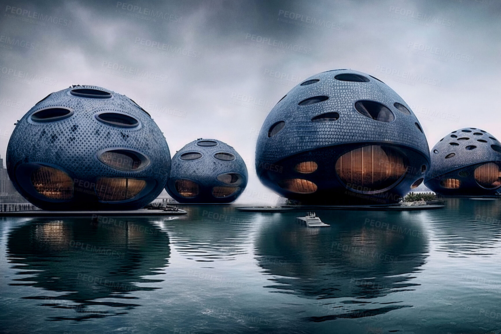 Buy stock photo Sci fi, architecture and creative with building in city for design, development and innovation. Construction, sphere and ai generated with futuristic structure for future, engineering or industry