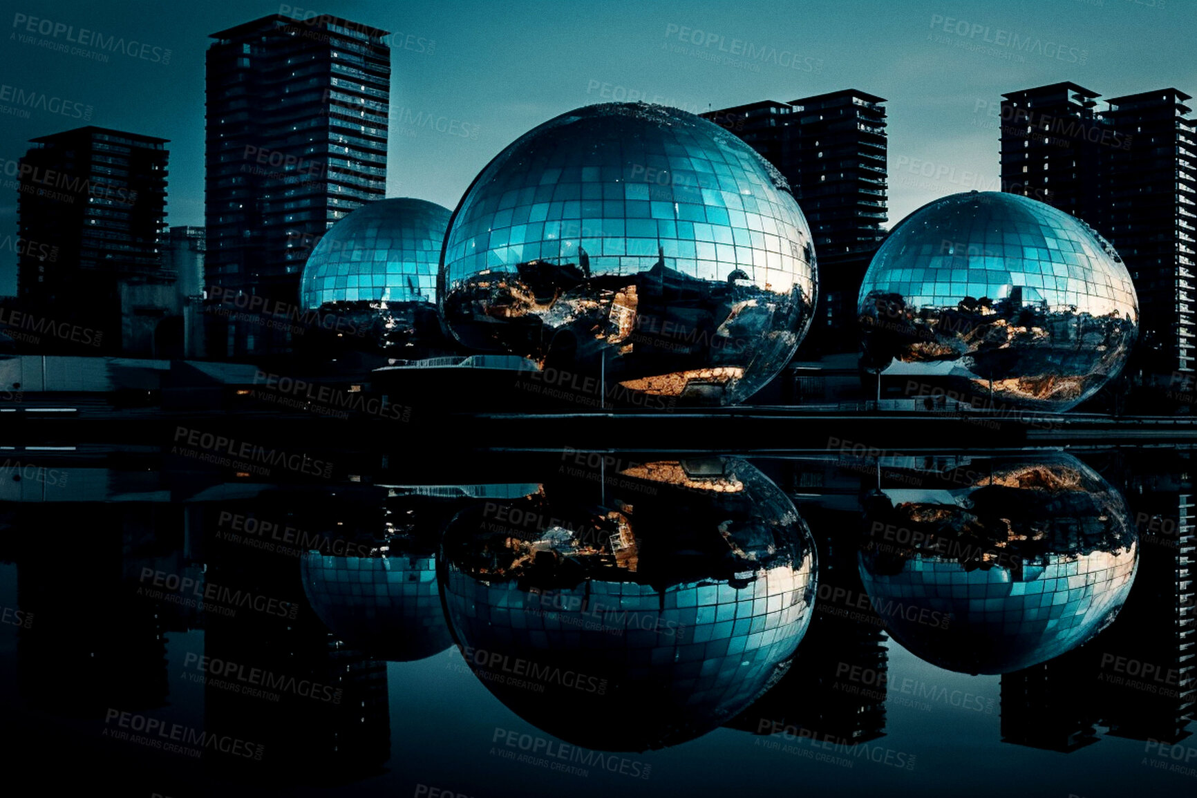 Buy stock photo Futuristic, architecture and sphere with building in city for design, development and innovation. Construction, creative and ai generated with sci fi glass structure for future, science and industry