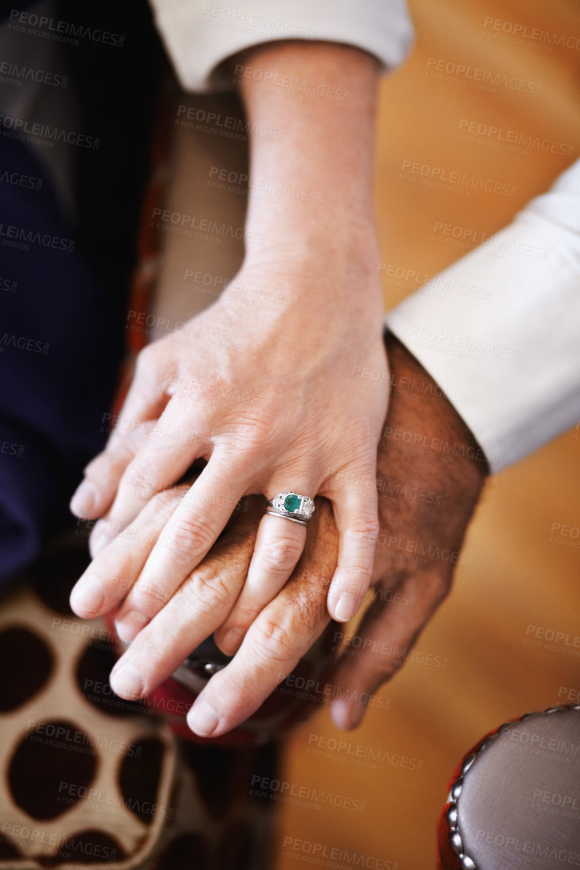 Buy stock photo Closeup, holding hands and senior couple with love, empathy and comfort with support, solidarity and help. Zoom, hand and old woman and elderly man with care, bonding and grief with loss and trust