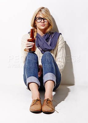Buy stock photo Portrait, beer and a bottle with a woman drinking in studio on a mockup white background. Party, event or alcohol with a young drunk girl enjoying a glass beverage for celebration or to relax
