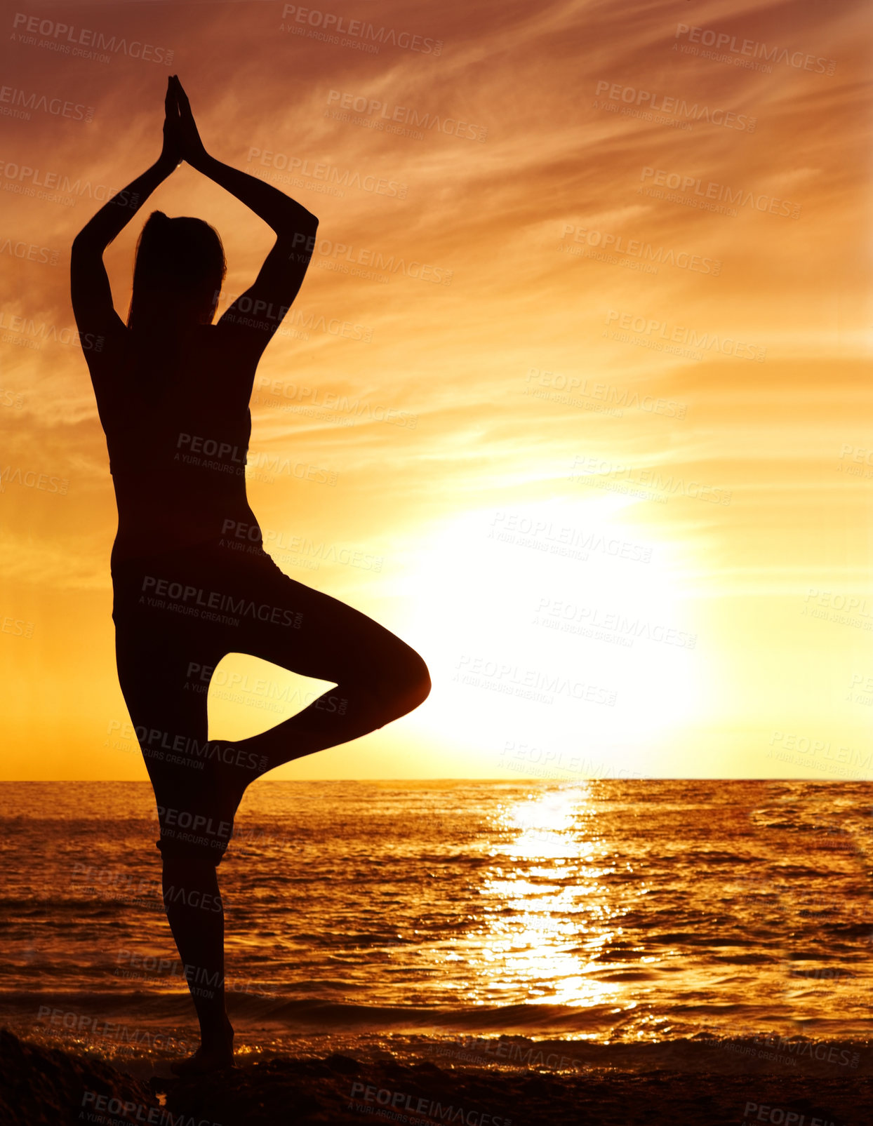 Buy stock photo Silhouette, sunset and woman in tree pose with yoga on the beach, orange sky and fitness outdoor. Meditation, wellness and peace in nature with shadow, female yogi person and pilates by the ocean