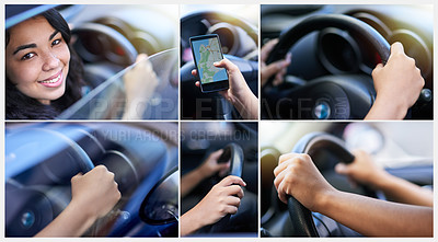 Buy stock photo Composite of a young woman using a phone while driving and closeups of her hands holding the steering wheel