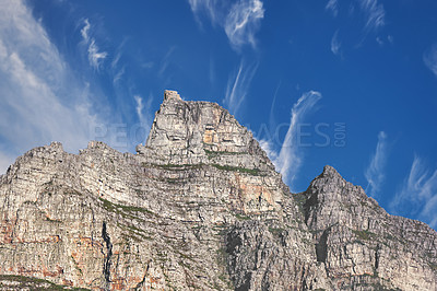 Buy stock photo Copy space with view of Table Mountain in Cape Town South Africa against a cloudy blue sky background. Scenic landscape and beautiful panoramic of an iconic landmark and famous travel destination