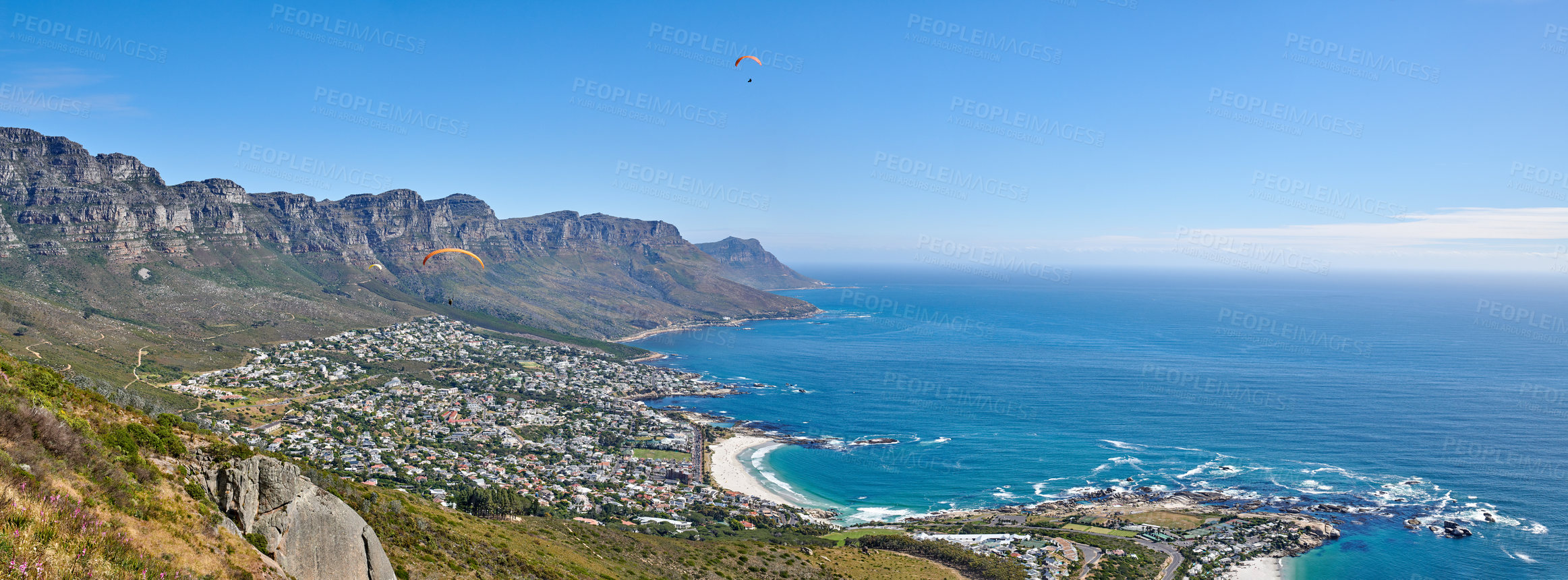 Buy stock photo Landscape of the stunning beach during day in summer. Sea and 12 apostles mountain range in a beautiful high up view and famous tourist travel destination in the city of Cape Town with copy space.  