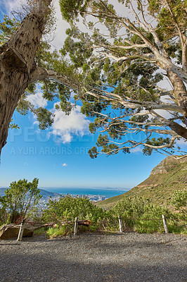 Buy stock photo Beautiful scenic view of a coastal city from a mountain peak with trees against a cloudy blue sky background in Cape Town. Magnificent panoramic of a peaceful landscape of the sea to explore