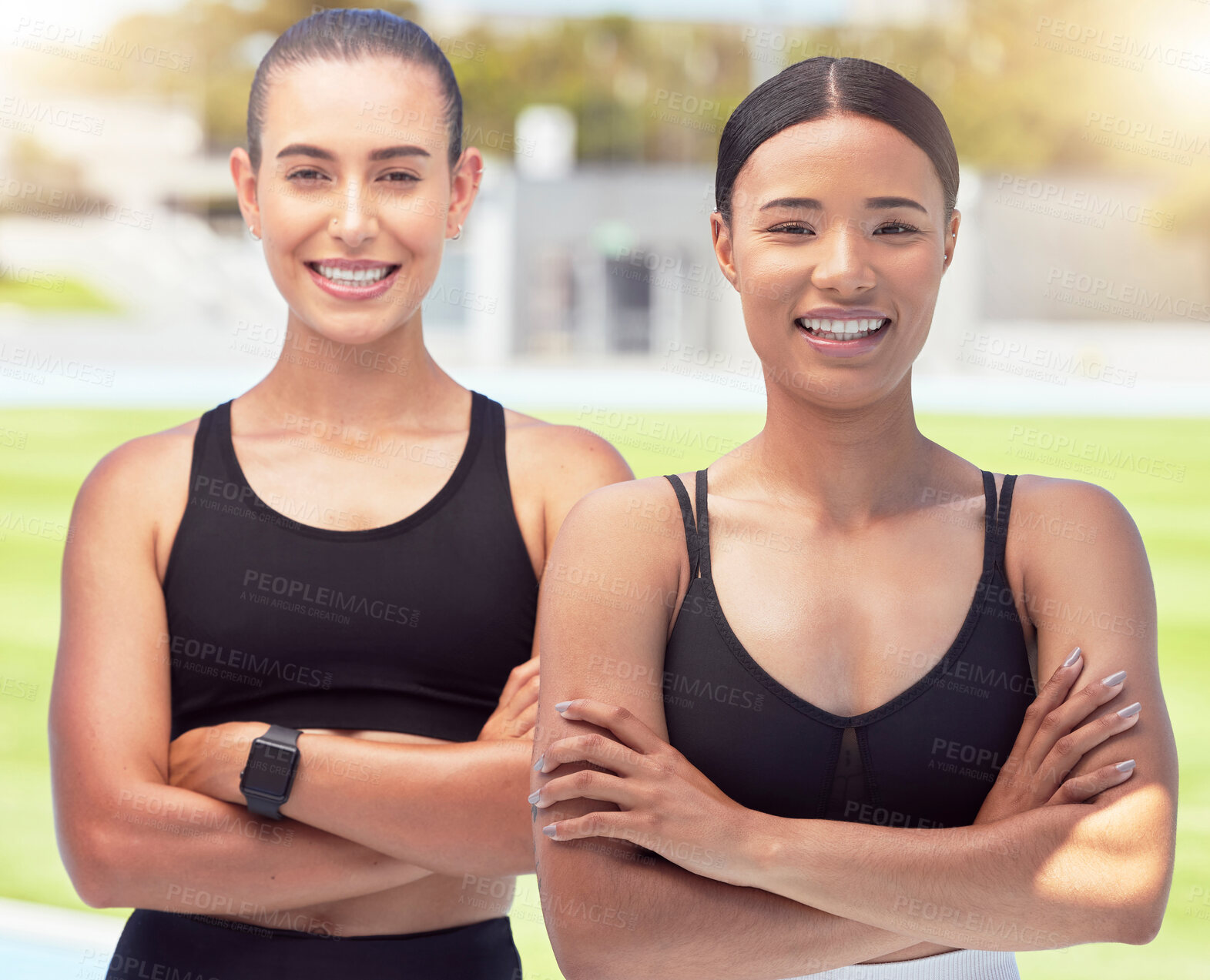 Buy stock photo Personal trainer, fitness or sports coach at running field ready for training, exercise and workout with motivation smile. Friends, health and happy girl with wellness, vision and mission mindset