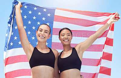 Buy stock photo USA winner flag, women in sports and runner on podium at marathon event, team celebration at professional game and smile for success. Portrait of running athlete with support at group competition