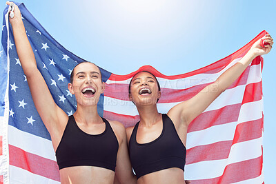 Buy stock photo USA winner, sports flag and women with support for running team, happy in collaboration at fitness event and pride in sport at stadium. Runner athlete friends with motivation for group competition