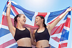 Women, athlete and happiness, running in sport event or international competition. Smile, happy and girl teamwork with flag of Great Britain at sport tournament or global contest show diversity